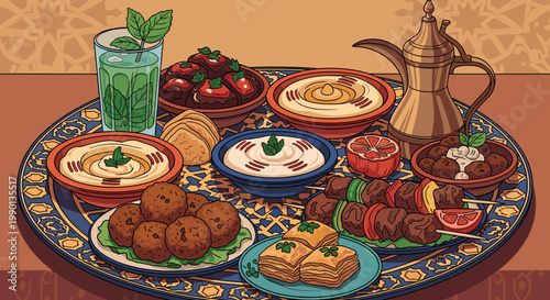 A vibrant illustration of a traditional Middle Eastern feast served on an ornate tray, featuring hummus, falafel, kebabs, baklava, and a mint drink.