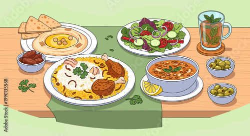 A vibrant illustration of a traditional Middle Eastern feast laid out on a wooden table, featuring hummus, pita, rice with chicken, salad, lentil soup, mint tea, and olives.