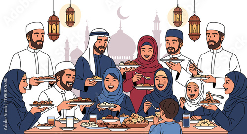 A large Muslim family celebrating together, enjoying a festive meal around a table with traditional food, lanterns, and mosque silhouettes in the background.
