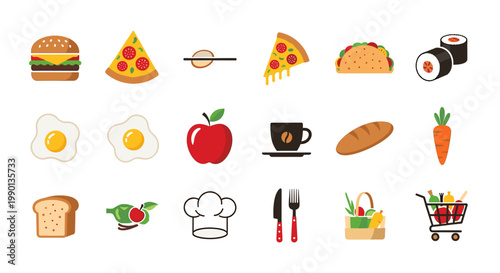 A collection of various food and drink icons in a flat design style, including fast food, breakfast items, fruits, vegetables, and cooking utensils.