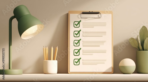 A well-organized workspace with a checklist and green desk lamp