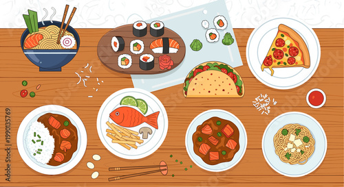 An overhead view of a diverse international food spread featuring ramen, sushi, pizza, tacos, curry, fish and chips, stew, and oatmeal on a wooden table.