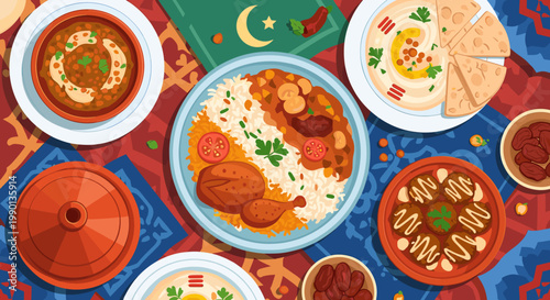 A vibrant top-down view of a traditional Middle Eastern feast, featuring rice with chicken, hummus, stews, dates, and a tagine pot on a colorful patterned tablecloth, with an Islamic crescent symbol.
