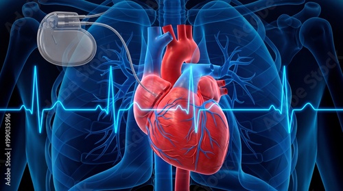 A medical illustration of a human heart with a pacemaker and ECG reading