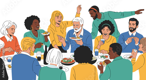 A diverse group of happy people of various ages and ethnicities gathered around a dining table, enjoying a meal and lively conversation.