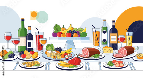An elaborate banquet table set with a wide array of food and drinks, including wine, juice, fresh fruits, cheeses, and various prepared dishes, in a vibrant illustration.