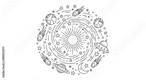 Intricate circular doodle mandala of the solar system featuring planets and stars with comets and ufo icons in a hand drawn line art style.