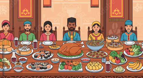 A diverse group of people of various ethnicities and ages gathered around a long table laden with a feast of international dishes, celebrating a meal together.