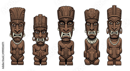 Wooden polynesian tiki statues with detailed carvings and various facial expressions for cultural or vacation and tropical theme designs.