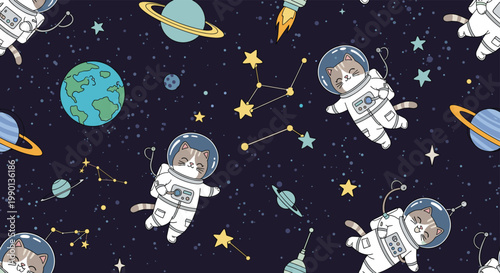 Seamless pattern of cute cartoon cats dressed as astronauts floating in deep space with planets and stars and galaxies for children room decor.