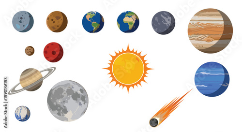 Educational set of solar system planets and the sun with a comet and the moon for astronomy lessons or science project posters and textbooks.