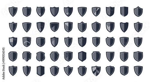 Comprehensive collection of various shield icons in dark blue tones with different shapes and designs representing protection and security.