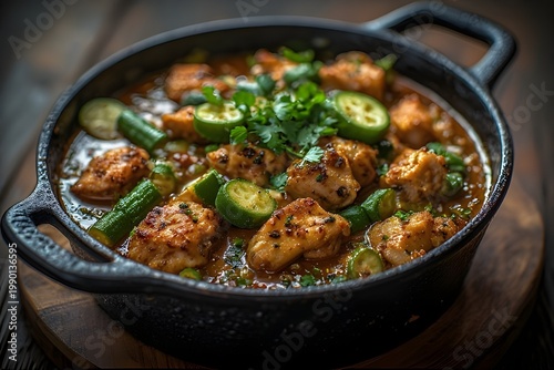 brazilian frango com quiabo in a skillet