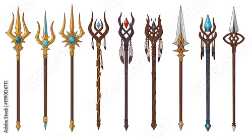 Collection of mythical fantasy weapons including ornate tridents, magic staves, and decorative spears with glowing gems and feathers.