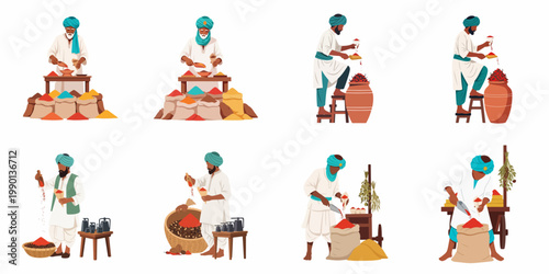 Set of traditional spice merchants in turbans measuring and packing colorful aromatic spices from sacks and baskets in an oriental market illustration.