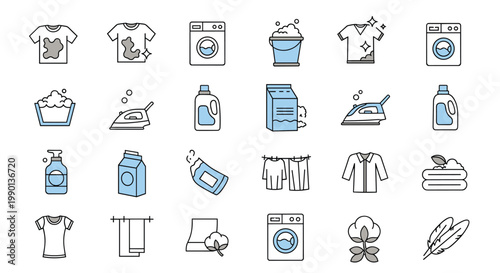 Set of laundry and garment care icons featuring washing machines, irons, detergent, and fabric types in a clean flat style.