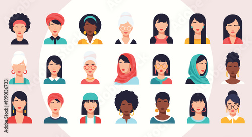 Large collection of diverse female avatars representing various ethnicities, ages, and styles in a modern flat vector illustration.
