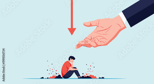Conceptual illustration showing a giant hand reaching down to help a small person sitting in despair under a red downward arrow.