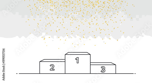 Simple line illustration of a three-level winner's podium with confetti falling from above against a gray and white background.