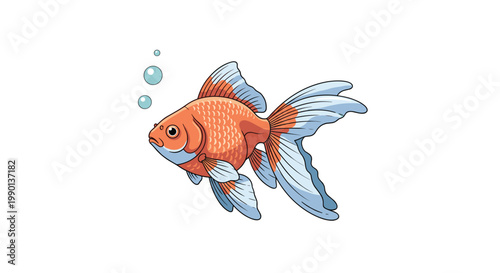 Detailed colorful illustration of a fancy goldfish swimming with long flowing fins and air bubbles in a clean vector style.