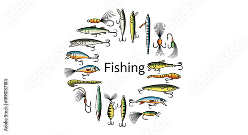 Circular arrangement of various colorful fishing lures and hooks surrounding the word fishing for sports and hobby designs.