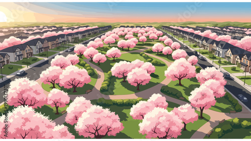 Suburban Neighborhood with Cherry Blossoms, Springtime Residential Real Estate Development