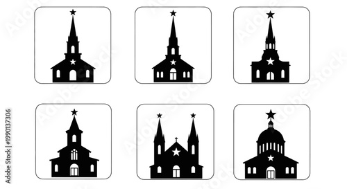 Set of Six Black Church Silhouettes with Stars on White Background