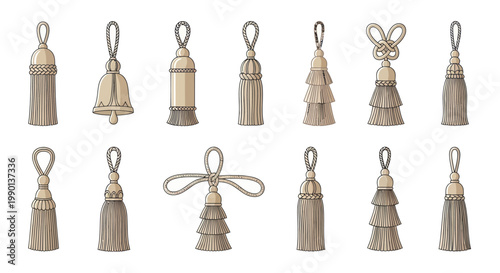 Collection of decorative tassels and bell charms, vintage style, isolated on white background