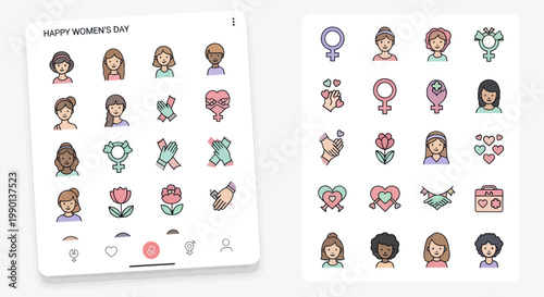 International Women's Day Icons: Diverse Women, Symbols of Empowerment, Flowers, Hearts