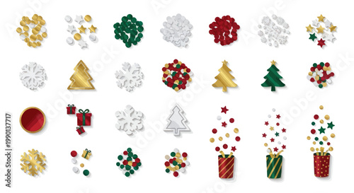 Festive Christmas Decorations: Gold, Green, Red Confetti, Stars, Snowflakes, Trees, Gifts