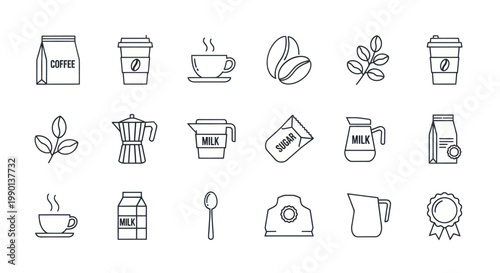 Coffee Icons Set: Beans, Cup, Bag, Moka Pot, Milk, Sugar, Spoon, Branch