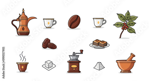 Arabic Coffee Set Icons: Dallah, Cups, Dates, Baklava, Grinder, Mortar, Beans
