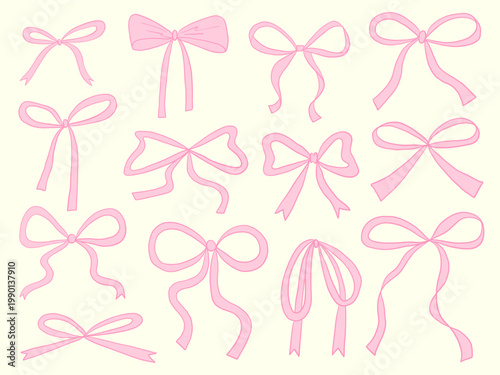 Hand Drawn Ribbon Bow Set Pink Cute Decorative Doodle Vector Collection