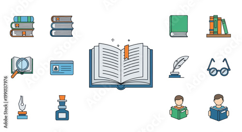 Collection of Book Icons: Open Book, Stacked Books, Reading, Writing, Glasses
