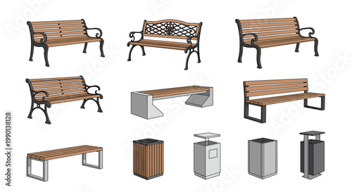 Collection of park furniture includes various wooden and metal bench designs along with different styles of outdoor trash receptacles.