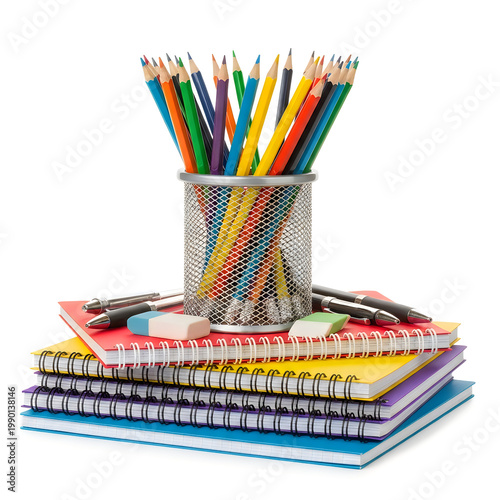 A Blurry Image Of Colorful Pencils And Notebooks On A Desk For Art And Writing
