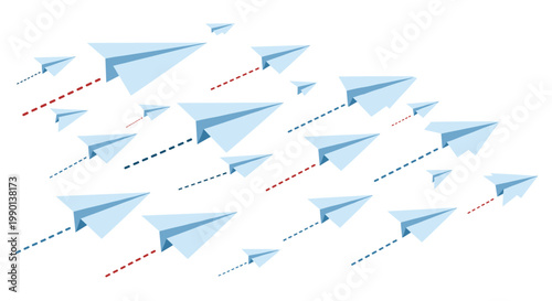 Many blue paper airplanes fly in a group across a white background leaving behind dashed and dotted flight paths for travel concepts.