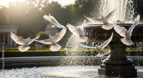 A flock of white doves takes flight from a fountain in a park during golden hour.