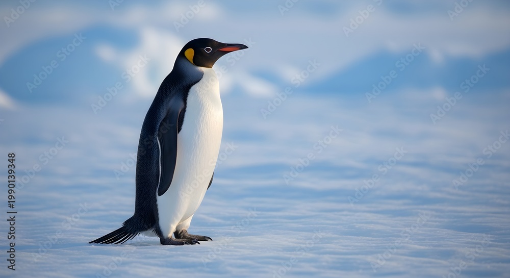 Obraz premium A solitary King Penguin stands on an icy landscape under a pale sky.
