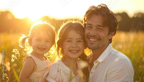 A heartwarming portrait captures a smiling father and his two young daughters bathed in the golden light of a summer sunset in a field of wildflowers.