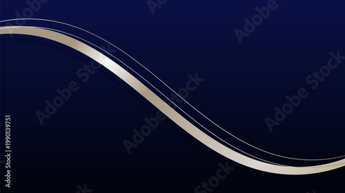 Abstract golden ribbon wave lines elements with glowing light on blue background.