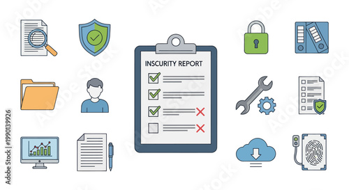 Security Report Icons: Checklist, Lock, Shield, Fingerprint, Computer Data