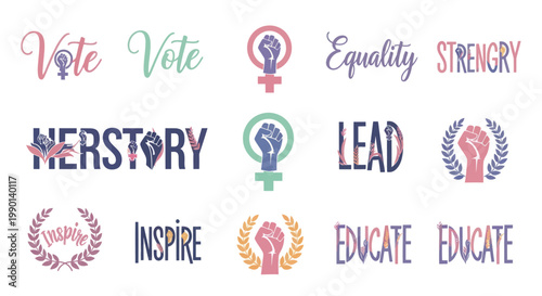 Feminist slogans and symbols collage: Vote, Herstory, Lead, Inspire, Educate, Equality, Strength