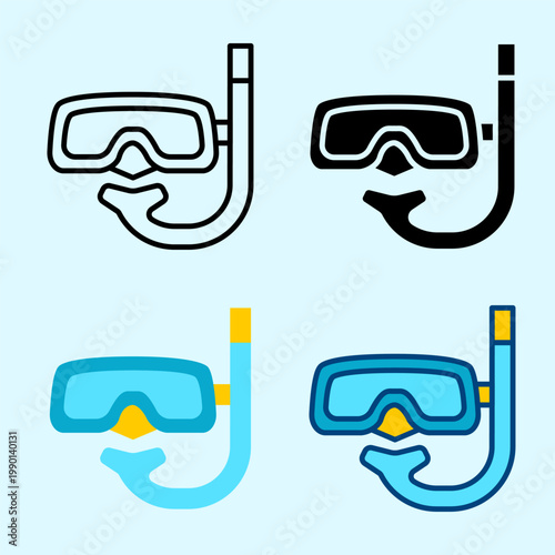 snorkeling diving equipment icon set underwater ocean activity minimal flat line glyph collection vector edittable stroke