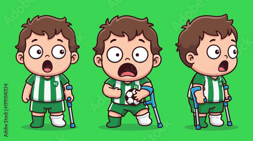Cartoon Boy Soccer Player Injured with Crutches and Bandage.