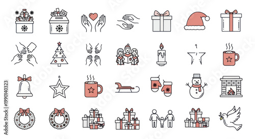 Christmas Icons Set: Gifts, Snowman, Tree, Wreath, Bell, Santa Hat, Candle, Mug, Sleigh
