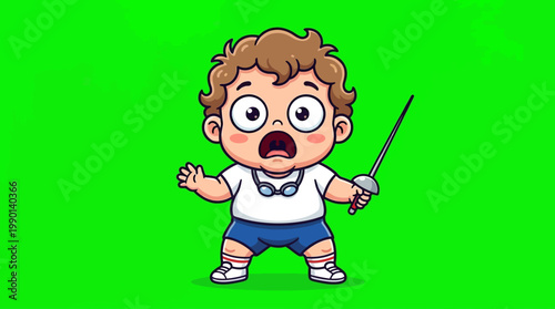 Cartoon Boy Fencer with Sword in Shocked and Surprised Expression.