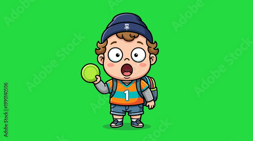 Cartoon Boy Holding a Tennis Ball with Shocked Expression.