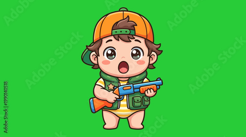 Cartoon Boy Holding a Toy Gun with a Surprised Expression.