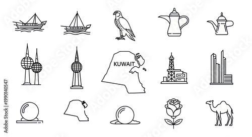 Kuwait Icons: Dhow, Falcon, Towers, Camel, Rose, Dallah, Map